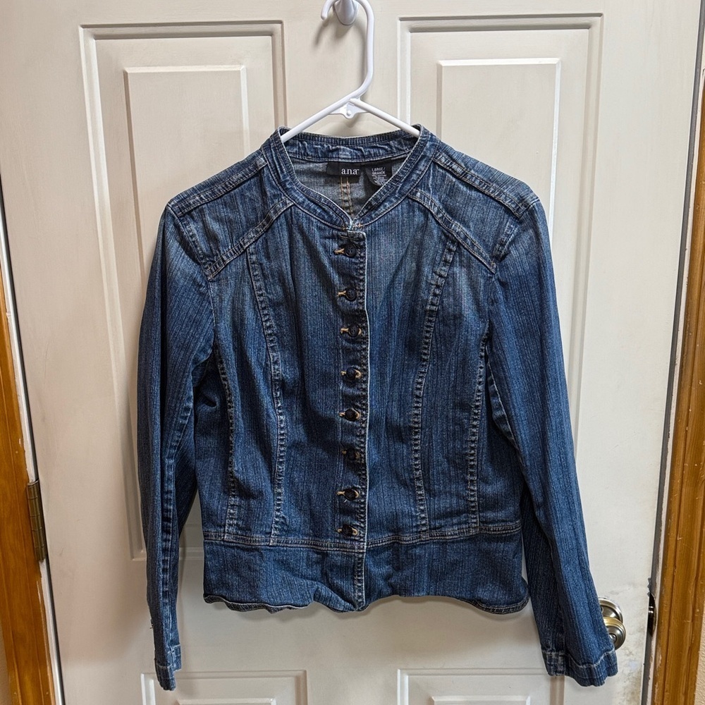a.n.a. Blue Distressed Denim Military Style Button Up Jacket size L